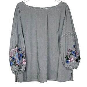 Liz Claiborne Blouse Womens XXL Black White Good Striped Floral Embroidered Puff